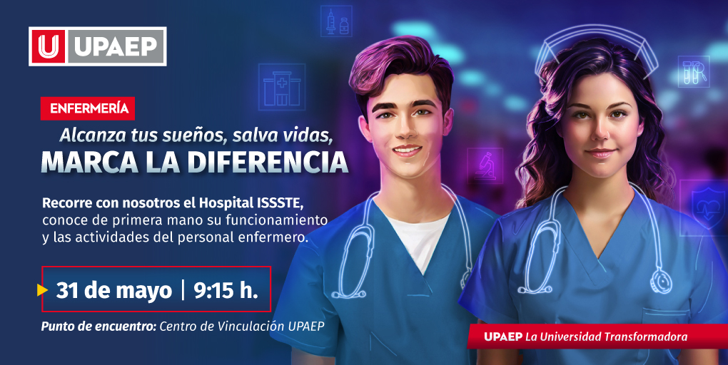 ¡Explora tu vocación por la Enfermería! Descubre las funciones, retos y experiencias de los expertos en el área. ¡UPAEP 🦅 se trata de ti! 🟥 ¡Cupo Limitado! Informes: 222 324 4342 📅31 de mayo 🕒 9:15 h, 📍Av. 11 Pte. 2307. Registro: forms.gle/JhyG5UWRotZE78… #UPAEP #SeTrataDeTi