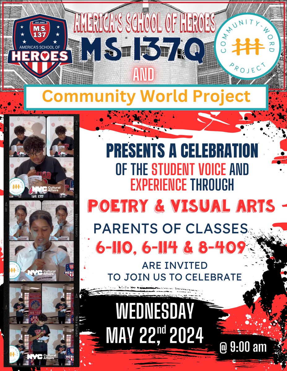 We can’t wait to celebrate our ENL students who partnered with Community Word Projects to enhance their voices and experiences to create their own anthology of both Poetry and Visual Arts.  <a href="/D27NYC/">Community School District 27</a> <a href="/NYCSchools/">NYC Public Schools</a> <a href="/Principal_Trin/">Pamela Trincado</a>
