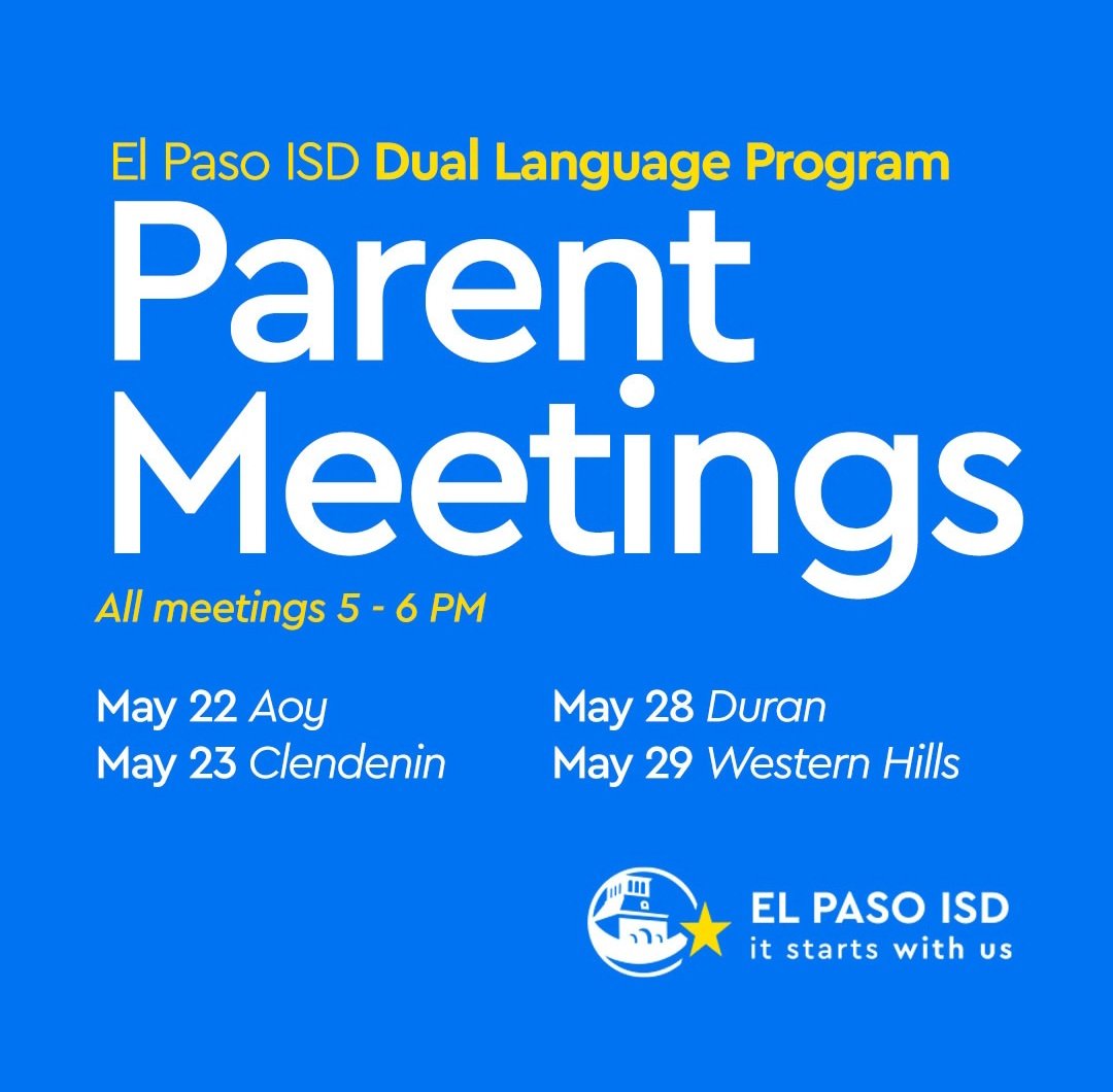 EPISD Dual Language (@episd_duallang) on Twitter photo Attention Dual Language parents from EPISD!! We will have our Dual Language Program Parent Meetings from 5-6 on the following days. <a href="/ELPASO_ISD/">El Paso ISD</a> Attention Dual Language parents from EPISD!! We will have our Dual Language Program Parent Meetings from 5-6 on the following days. <a href="/ELPASO_ISD/">El Paso ISD</a>