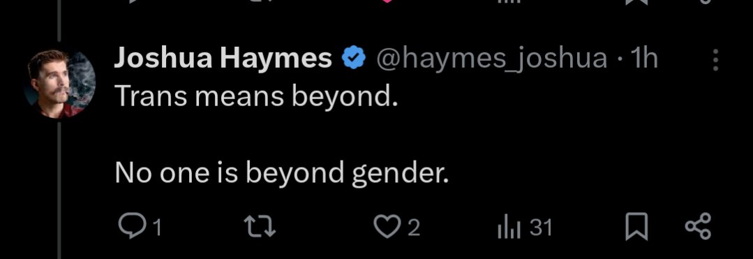 In the case of the term 'transgender', 'trans' means 'on the other side of' or 'across'.
If you don't know what the basic terms in a conversation mean, it's usually best to listen and learn before demonstrating your ignorance with ridiculous proclamations.