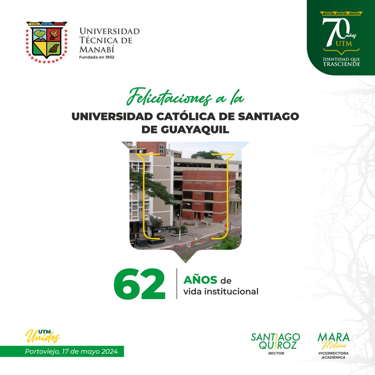 Universidad Técnica de Manabí (@utmmanabi) on Twitter photo Saludamos a la Universidad Católica Santiago de Guayaquil, en sus 62 años de vida institucional.
Que mantengan el rumbo del éxito en la educación superior.
#UTMUnidos
<a href="/ucatolicagye/">@ucatolicagye</a> Saludamos a la Universidad Católica Santiago de Guayaquil, en sus 62 años de vida institucional.
Que mantengan el rumbo del éxito en la educación superior.
#UTMUnidos
<a href="/ucatolicagye/">@ucatolicagye</a>
