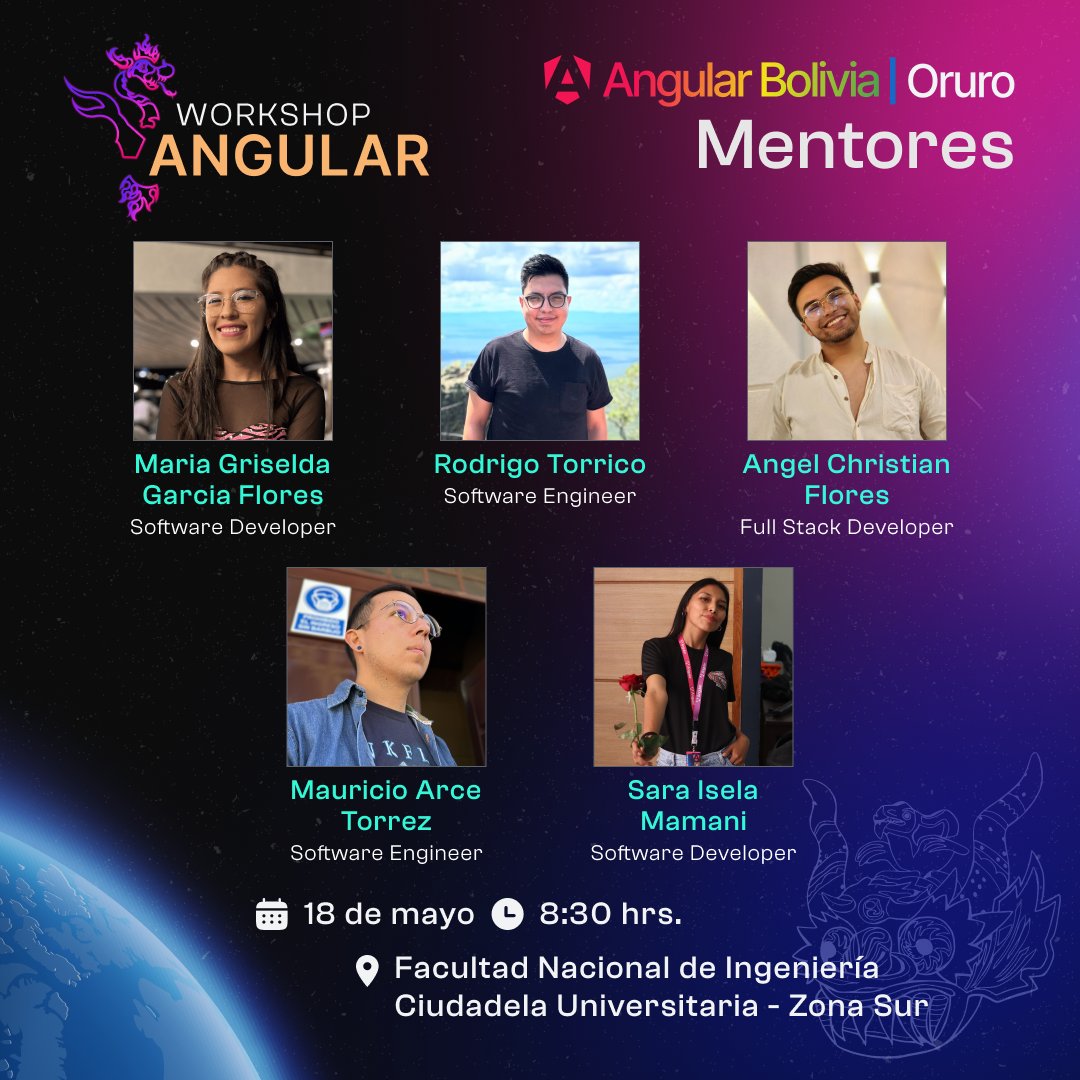 angularBolivia's tweet photo. ¡Cuenta regresiva! Y continuamos presentando a los mentores del workshop en la ciudad de Oruro ⭐  Ellos te acompañarán en tu primera aventura con Angular y te brindarán apoyo en la creación de tu primera aplicación.🚀👩‍💻

#Angular #desarrolloweb #programación #AngularBolivia https://t.co/J8chsEsW4r