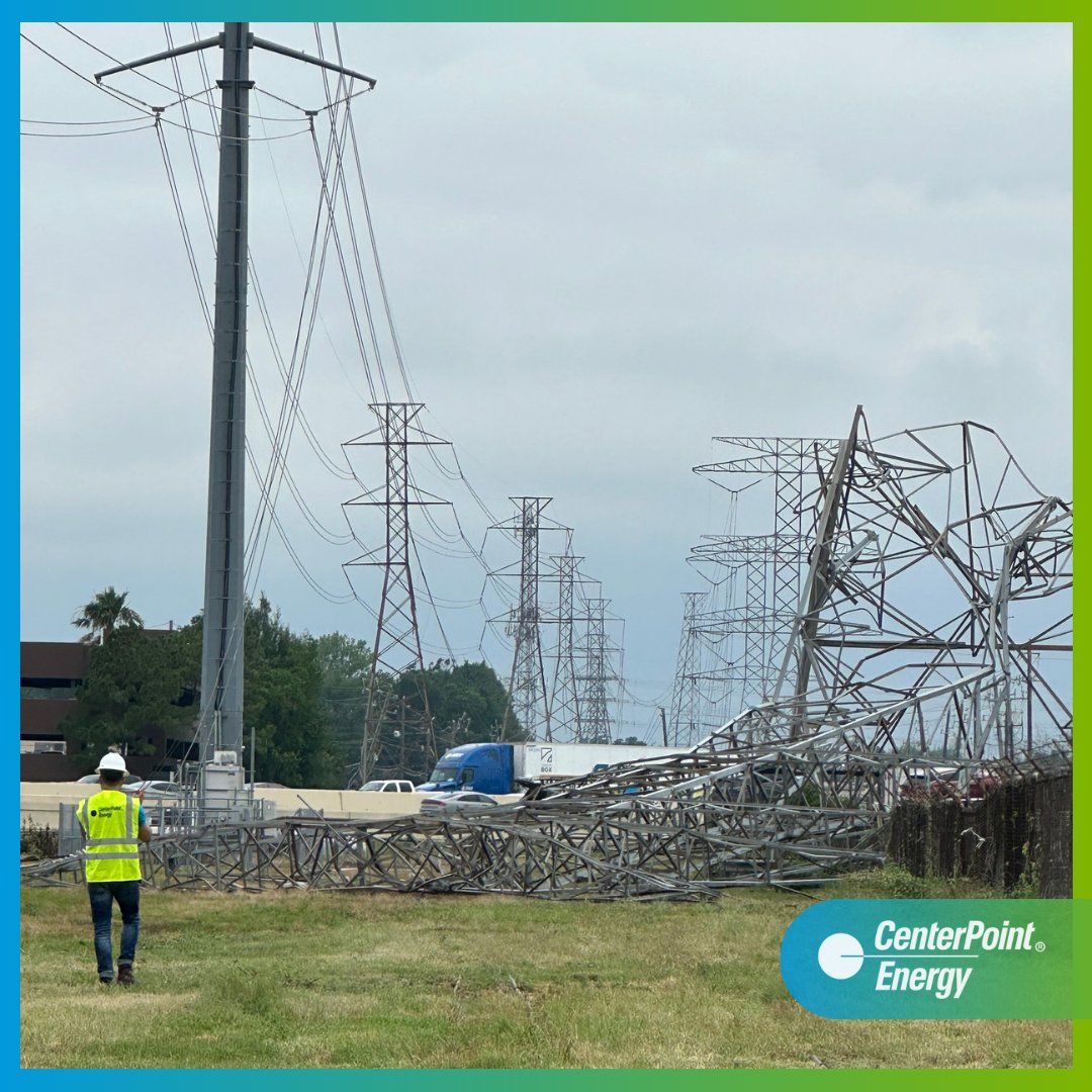 Yesterday’s destructive winds damaged electric infrastructure throughout our #Houston service area. Here, an employee surveys a toppled transmission tower. This transmission line is affecting approximately 115,000 customers in Northwest Houston. #houwx #hounews