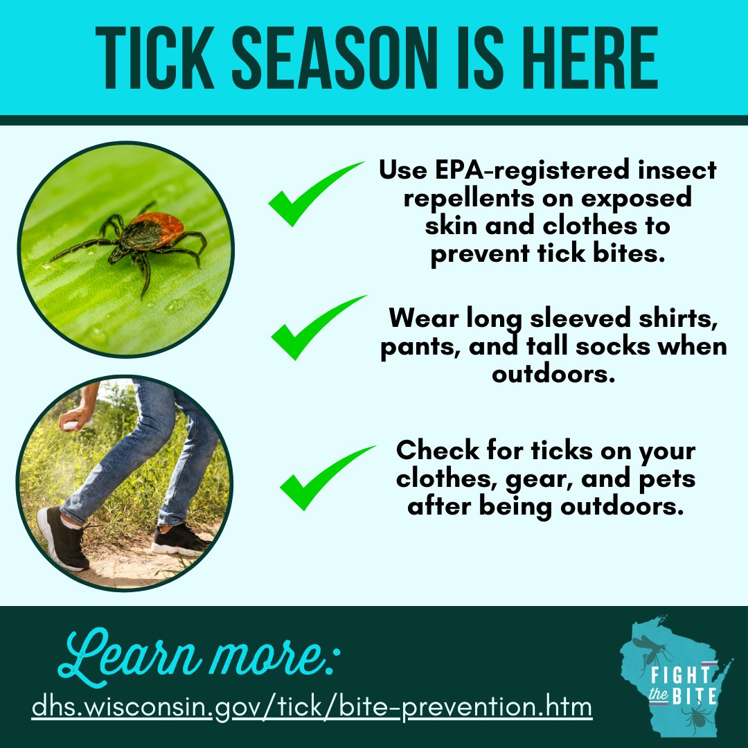 WIDeptHealthServices (@dhswi) on Twitter photo Does this warm weather have you itching to get outside? Enjoy! But don't forget it's #TickSeason. As you spend more time outdoors, prevent tick and #mosquito bites. Learn how to #FightTheBite:
dhs.wisconsin.gov/fight-bite/ind… <a href="/WDNR/">Wisconsin DNR</a> <a href="/WisconsinDPI/">Wisconsin DPI</a> Does this warm weather have you itching to get outside? Enjoy! But don't forget it's #TickSeason. As you spend more time outdoors, prevent tick and #mosquito bites. Learn how to #FightTheBite:
dhs.wisconsin.gov/fight-bite/ind… <a href="/WDNR/">Wisconsin DNR</a> <a href="/WisconsinDPI/">Wisconsin DPI</a>