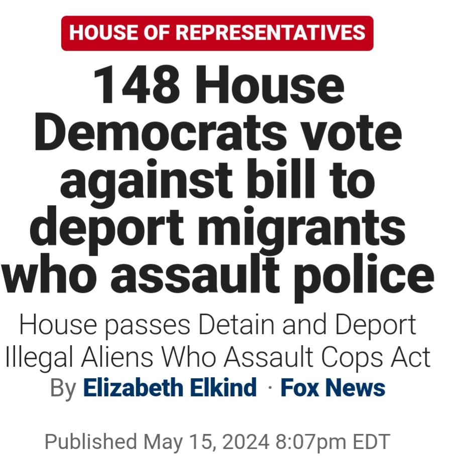 A bill aimed at booting illegal immigrants out of the U.S. if they assault #PoliceOfficers passed the #House of Representatives on Wednesday evening.

🔥The bill passed with a 265 #Republicans voting YES to 148 #Democrats voting NO, with 54 Democrats voting with the #GOP