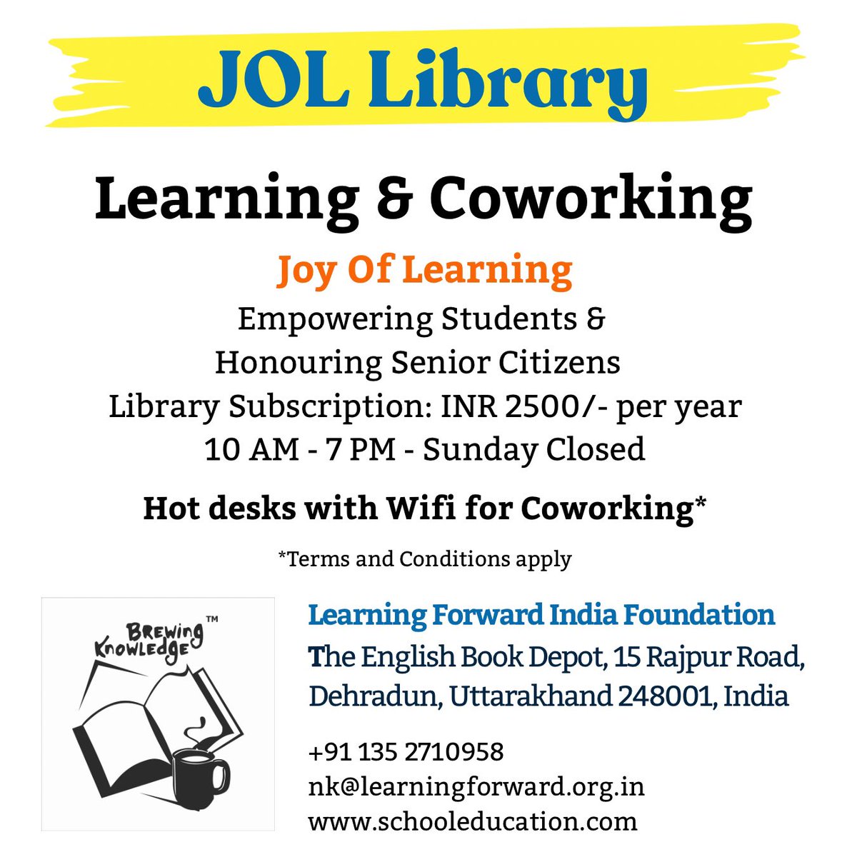 We are now open, celebrating 100 years of the iconic English Book Depot - the JOL Library dedicated to #joyoflearning Support the Learning Forward India Foundation #ReadToLead social learning space and reading room on the first floor at the heart of Dehradun city @LFINFoundation