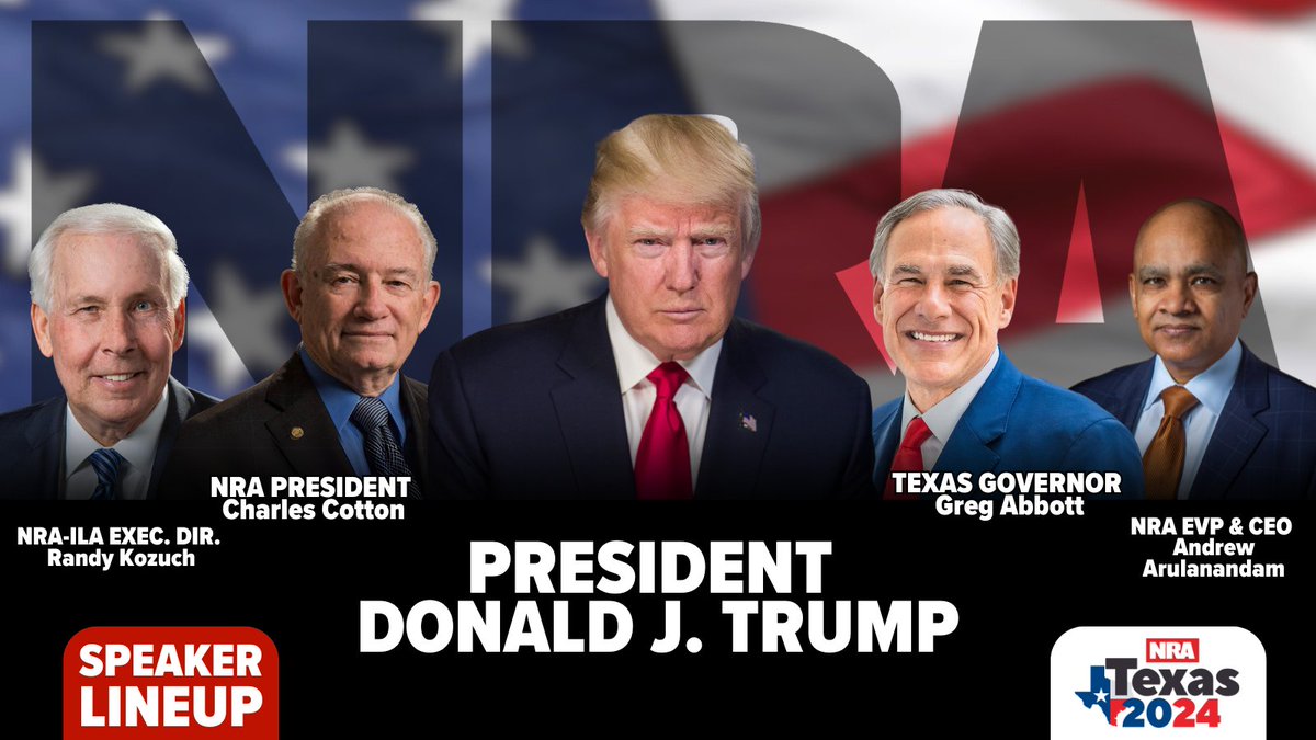 Tomorrow, President @realDonaldTrump takes the @NRA stage as the keynote speaker of the NRA Leadership Forum! He will be joined by @GovAbbott, NRA President Charles Cotton, NRA EVP & CEO Andrew Arulanandam, & NRA-ILA Exec. Dir. Randy Kozuch.