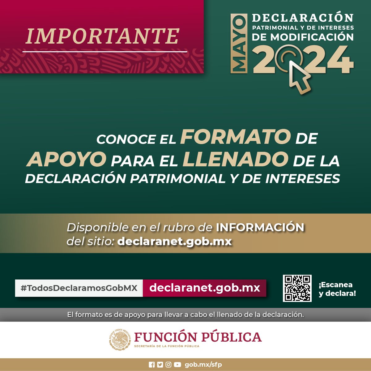 Persona servidora pública federal: Si no has realizado tu #DeclaraciónPatrimonial y de Intereses de #modificación 2024, consulta el formato de apoyo para su llenado 👉🏾 bit.ly/DeclaraNet_Mod… declaranet.gob.mx #DeclaraNet2024 #TodosDeclaramosGobMx