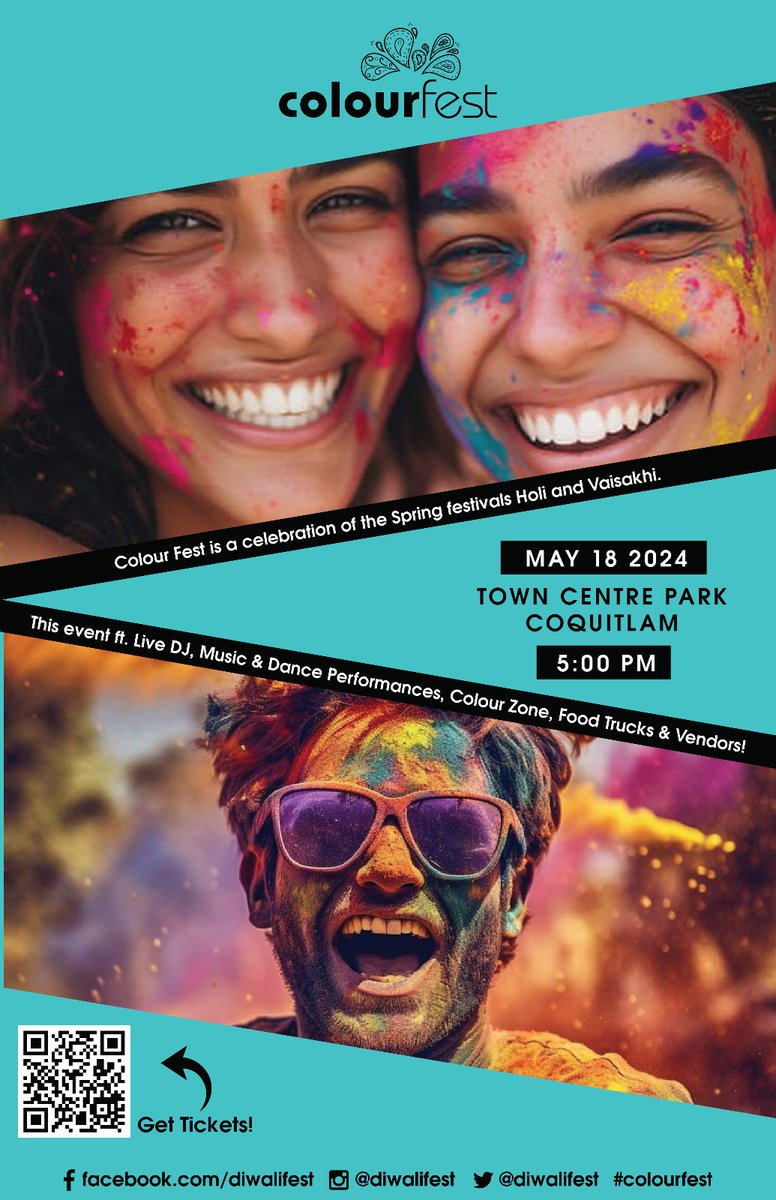 Join us tomorrow (May 18) for Colour Fest at Town Center Park, Coquitlam! Enjoy live Music & Dance performances, Artisan Market, Arts & Crafts and Food Trucks! Colour Zone Tix: eventbrite.ca/myevent?eid=85… @SpiceRadioVan @anywherevancity @GlobalBC @cbcnewsbc @CTVVancouver @NEWS113O