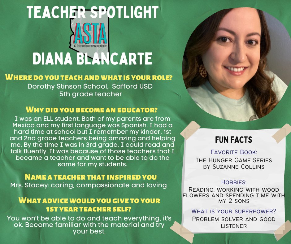 In the home stretch for the 23-24 school year and we're celebrating more educators in our #TeacherSpotlight Congrats to #ASTAmazing Diana Blancarte, 5th grade teacher at Dorothy Stinson Elementary School in the Safford USD, for the week of May 16-22 🌟