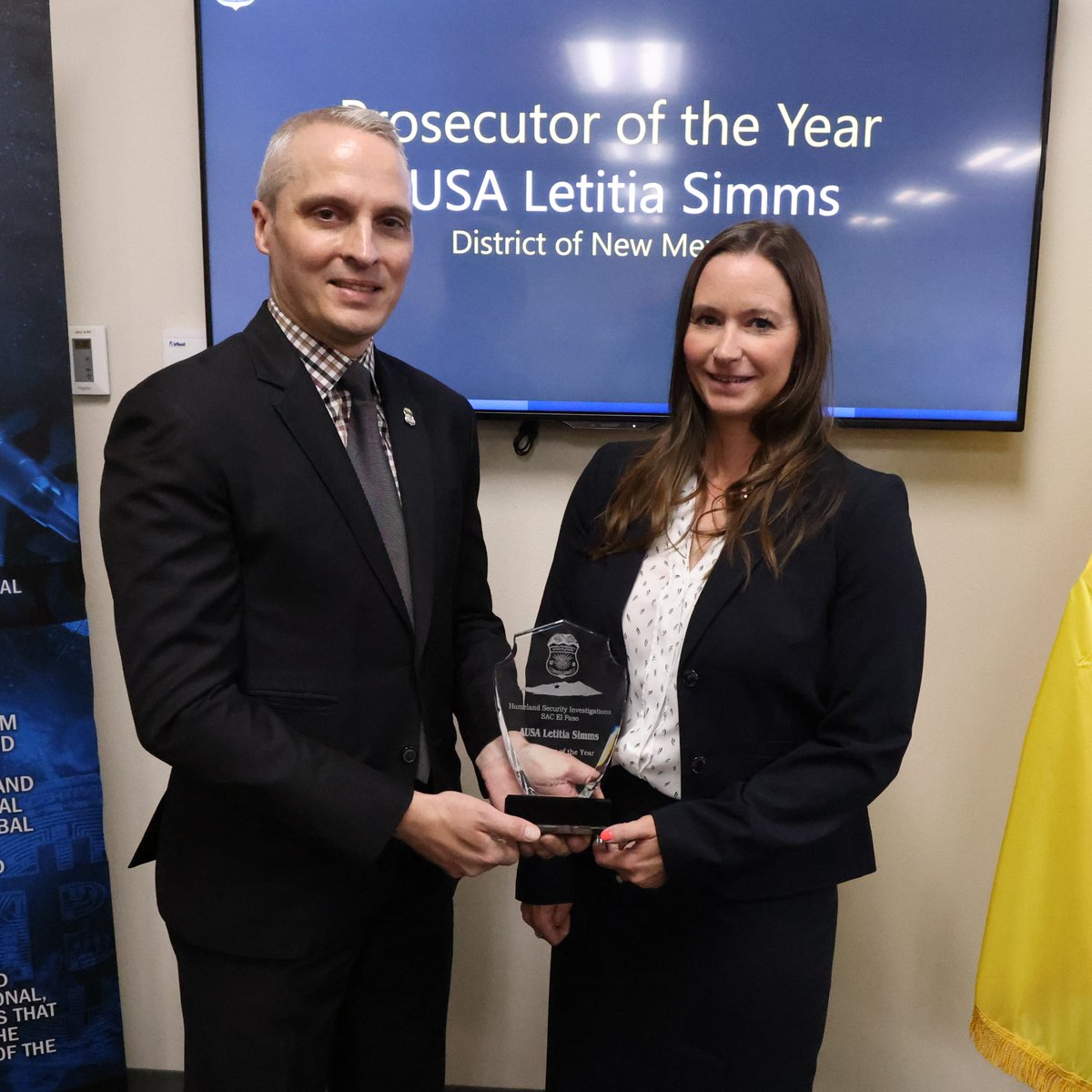 This week, AUSA Letitia Simms was recognized as Prosecutor of the Year by @HSIElPaso. We are immensely proud of AUSA Simms' outstanding work in prosecuting critical cases that safeguard our nation's interests. Please join us in congratulating her on this well-deserved recognition
