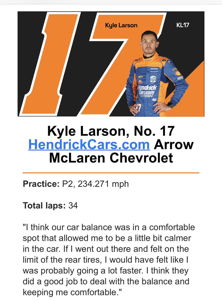 Meanwhile, for those interested in @KyleLarsonRacin…here’s today’s report. @NASCARONFOX @IndyCar