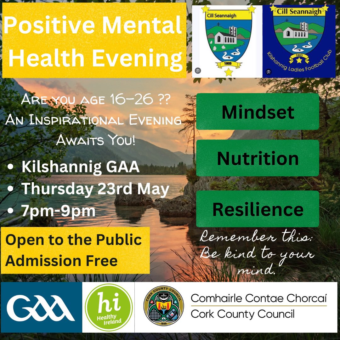 Mental Health Talks (16-26 yr olds)

Bride Rovers GAA &amp; Kilshannig GAA

Dates &amp; further info on posters