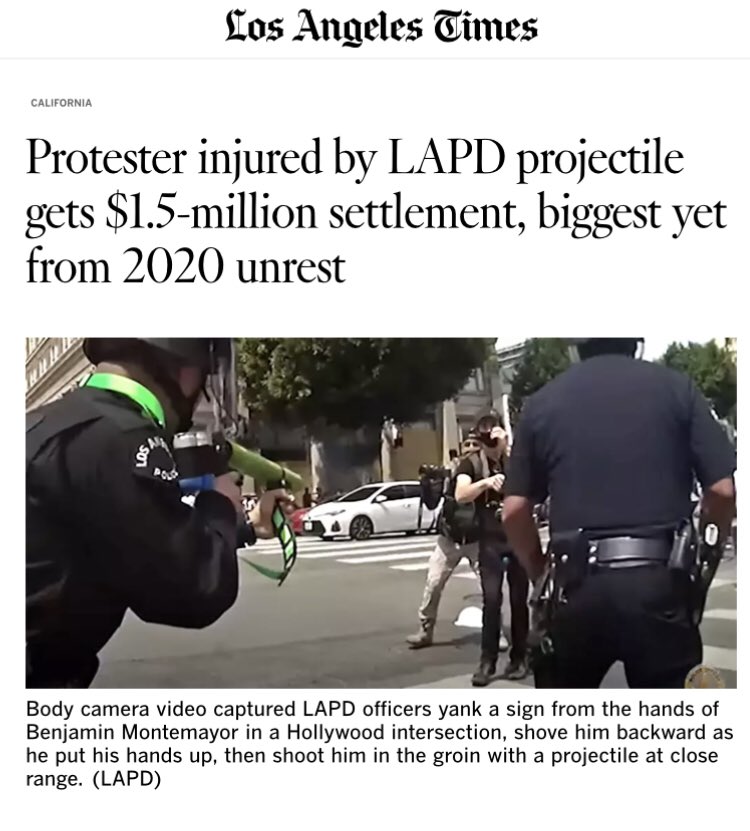 This is HORRIFIC “Body camera video captured LAPD officers yank a sign from the hands of Benjamin Montemayor in a Hollywood intersection, shove him backward as he put his hands up, then shoot him in the groin with a projectile at close range” They exploded his testicle.