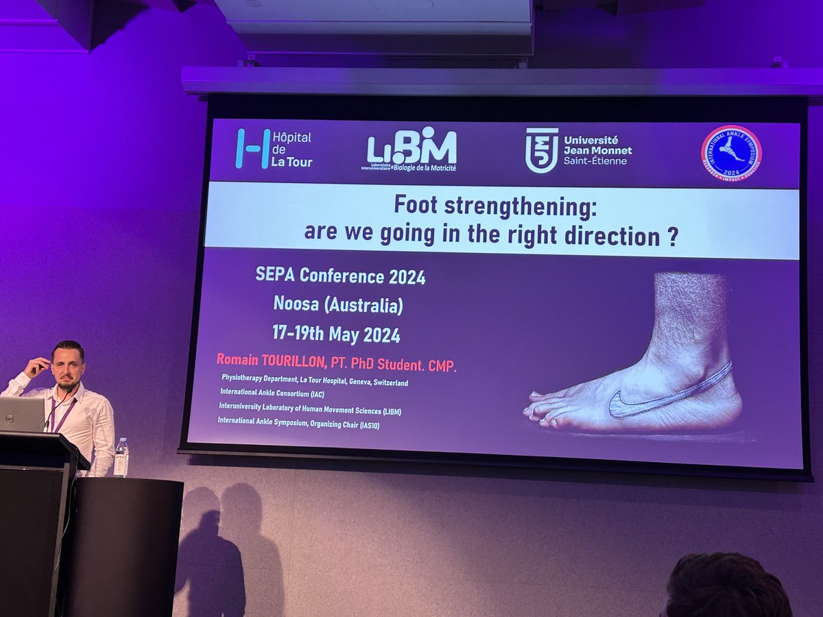 ⁦<a href="/TourillonRomain/">RomainTourillon</a>⁩, lead of the foot-ankle service at La Tour Hospital and PhD student, discussing foot strengthening 
#2024SEPAConf