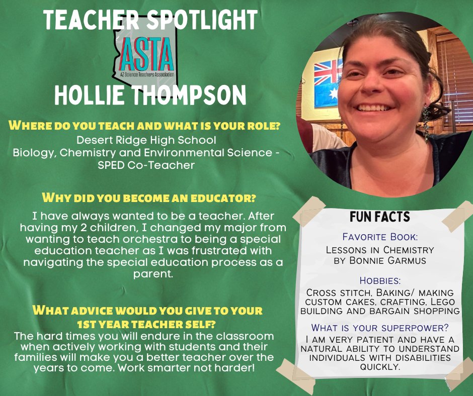 In the home stretch for the 23-24 school year and we're celebrating more educators in our #TeacherSpotlight Congrats to #ASTAmazing Hollie Thompson, Bio, Chem, Enviro Sci, & SpED Co Teacher at Desert Ridge HS @GPS_District, for the week of May 30-June 5 🌟
