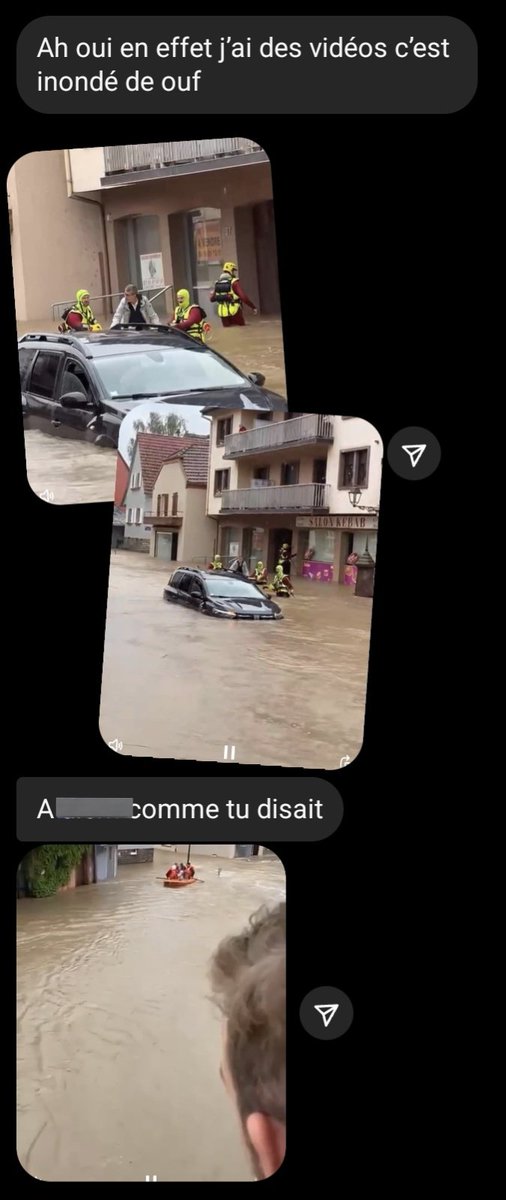 Alors j'ai vu des vidéos/photos des inondations là en Alsace, c'est du jamais vu chez nous ???? p'tit barque pour chercher son pain trql