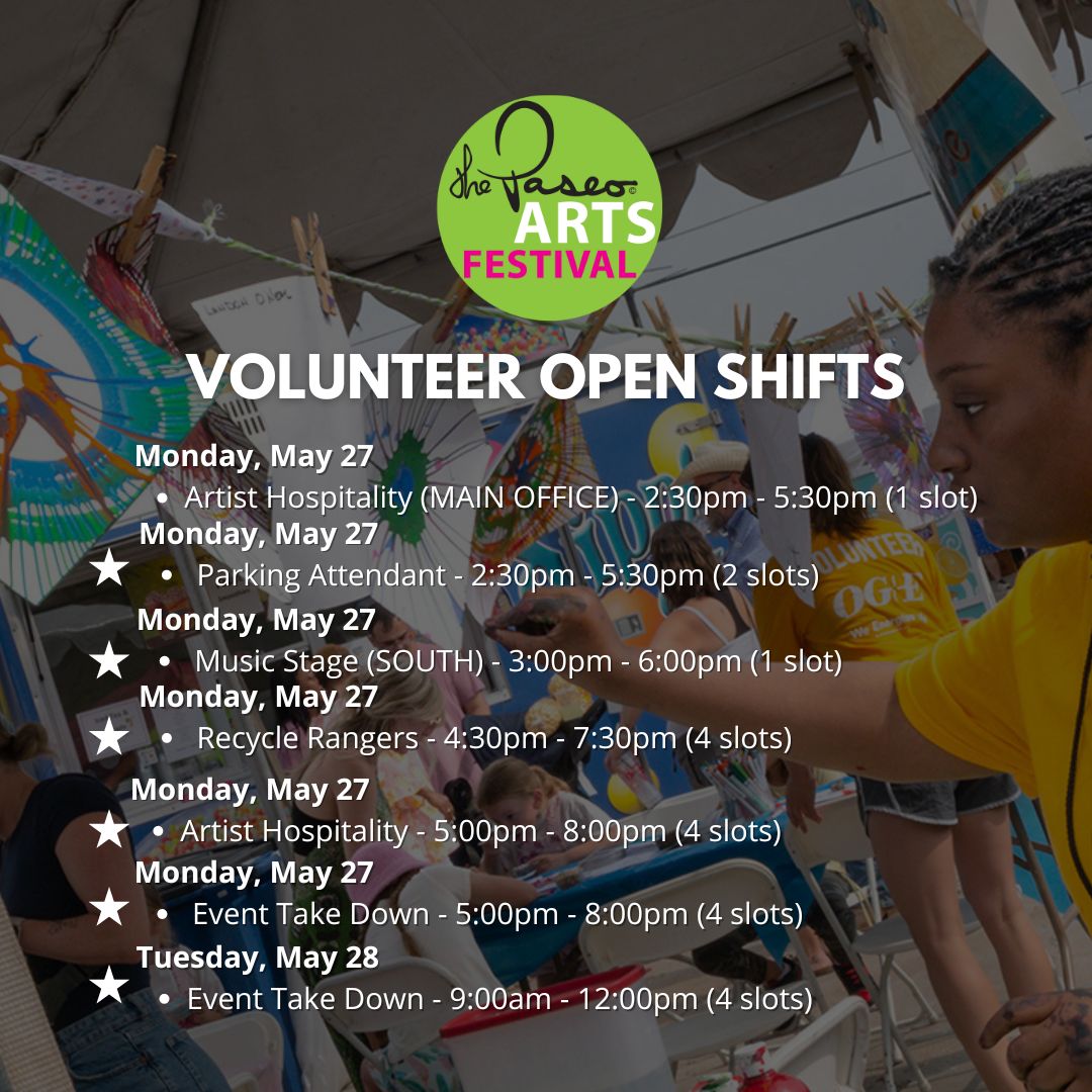 We have been overwhelmed by the amount of people who have signed-up to be volunteers at the 2024 Paseo Arts Festival! Here is a list of the current shifts that need volunteers. Sign up by clicking here: buff.ly/34nJGUW (2/2)