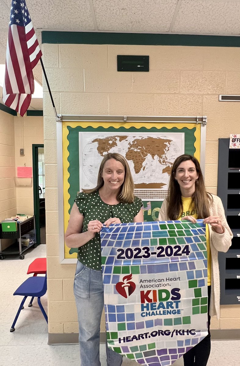 Mrs Ochs & Mrs Steis receiving the 2023-2024 Kids Heart Challenge Award Banner ❤️#kidsheartchallenge #americanheartassociation 
THANK YOU for another amazing impactful and “FINN-tastic” School year and Kids Heart Challenge