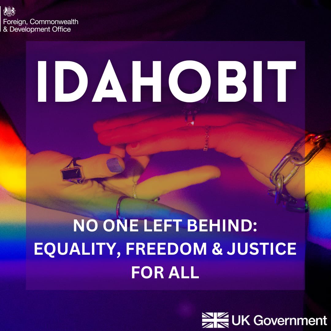 This year’s theme for #IDAHOBIT is “No One Left Behind: Equality, Freedom, and Justice for All”.

The 🇬🇧 is committed to tackling the global rollback on rights of LGBT people and ensuring that no one is left behind.

#EqualSafeFree #NoOneLeftBehind