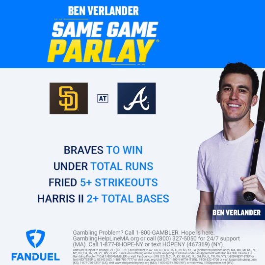 Little Friday night Same Game Parlay on @FDSportsbook! Padres/Braves game. Time for Max Fried to continue to shove. Join me: Fanduel.com/Verlander