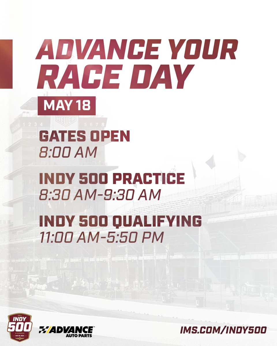 One of the most important days of May is here. Want to #AdvanceYourRaceDay for tomorrow? RT for your chance to win 2 Hulman Terrace Club tickets, 2 pit/garage passes and 1 Parking Pass, all for tomorrow’s #Indy500 Qualifying. #INDYCAR