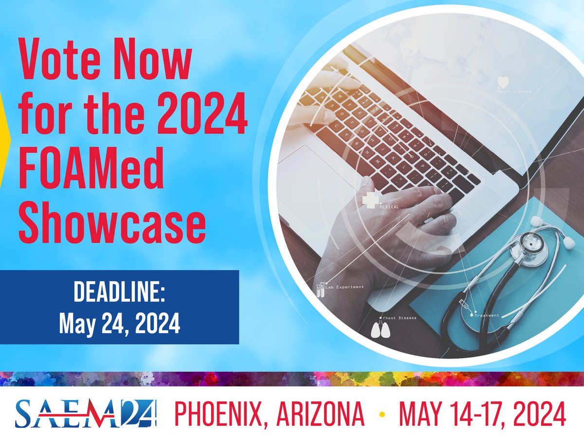 SAEM (@saemonline) on Twitter photo Help pick the winner of SAEM's 2024 #FOAMed Showcase!
Contestant 3 of 4: <a href="/EvaTH_EM/">Eva Tovar Hirashima MD MPH</a> ow.ly/OubP50RAqg0
1 point for a like
3 points for a RT
5 points for a comment
Deadline: May 25th at midnight
<a href="/AliRaja_MD/">Ali S. Raja, MD</a> <a href="/AalapMD/">Aalap Shah</a> @MikeGisondi <a href="/ChrisNashMD/">Christopher J. Nash, MD, EdM</a> Help pick the winner of SAEM's 2024 #FOAMed Showcase!
Contestant 3 of 4: <a href="/EvaTH_EM/">Eva Tovar Hirashima MD MPH</a> ow.ly/OubP50RAqg0
1 point for a like
3 points for a RT
5 points for a comment
Deadline: May 25th at midnight
<a href="/AliRaja_MD/">Ali S. Raja, MD</a> <a href="/AalapMD/">Aalap Shah</a> @MikeGisondi <a href="/ChrisNashMD/">Christopher J. Nash, MD, EdM</a>