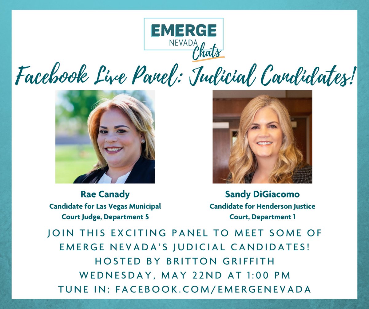 For our final Chats of the primary season, join us as we interview judicial candidates Rae Canady and Sandy DiGiacomo! You won't want to miss hearing from these women about how they'll serve the community. Watch live on Wednesday at 1 pm! Facebook.com/EmergeNevada