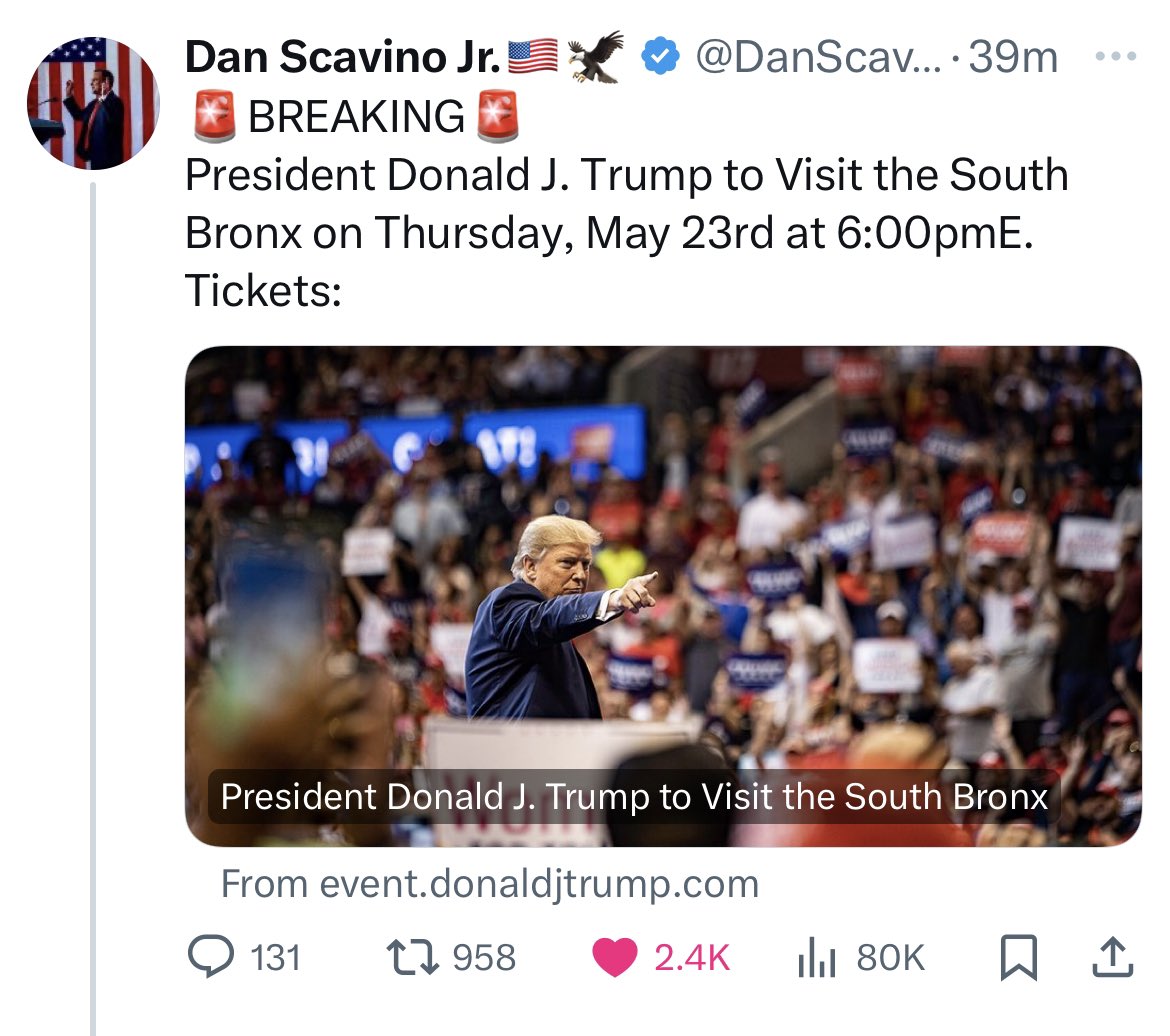BREAKING: Dan Scavino just announced that President Trump is having a rally in the South Bronx on Thursday, May 23rd. Let’s get every single person registered to vote! This witch-hunt is really backfiring.