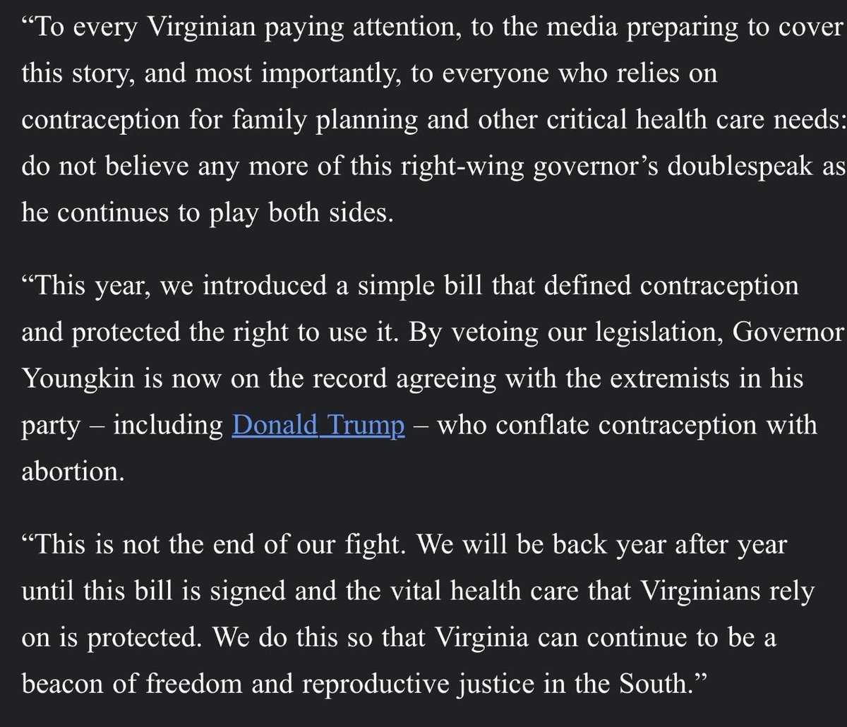 Despite hearing from literally thousands of Virginians in support of their right to contraception, the Governor chose to stick with the most extreme faction of his party to prevent a legal right to contraception in Virginia. Here's the statement from @SenatorHashmi and me