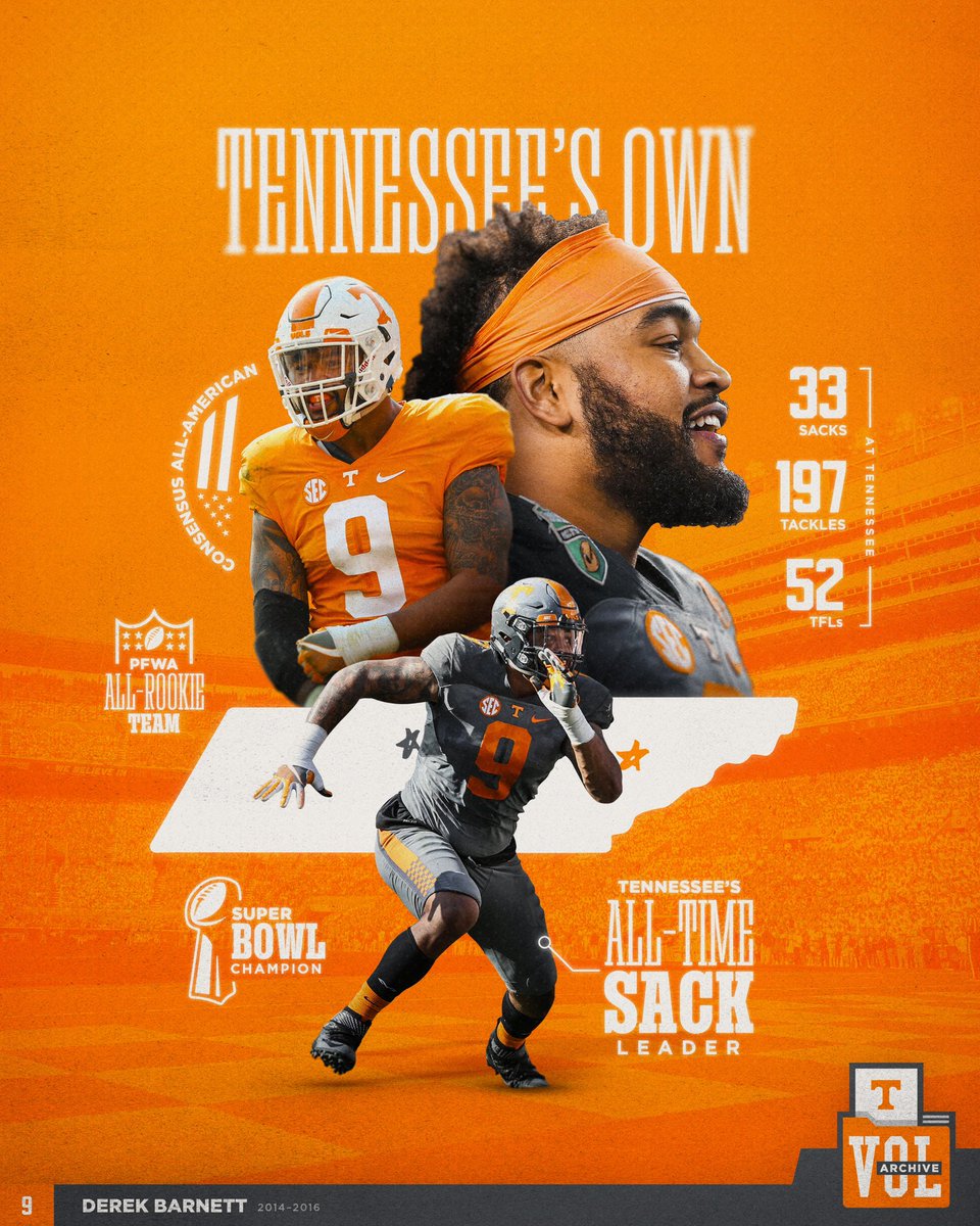 Congrats on adding @UTKnoxville graduate to the list of accolades this week, Derek! 📂 𝗩𝗼𝗹 𝗔𝗿𝗰𝗵𝗶𝘃𝗲 └📁 Home State VFLs └📁 All-Time Sack Leader └ 📃 Derek Barnett #GBO 🍊