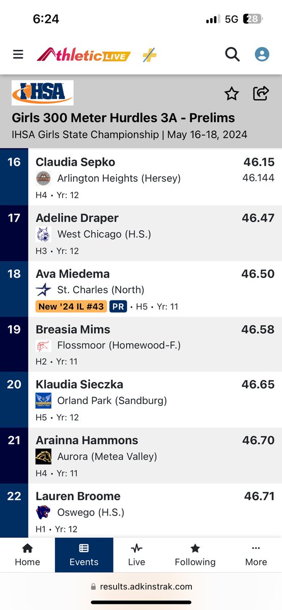 Klaudia Sieczka wraps up her career as a hurdler with a 20th place finish in IHSA 300m hurdles. Klaudia runs 46.65! 

She’ll be back in action tomorrow in the finals of the 4x800m relay