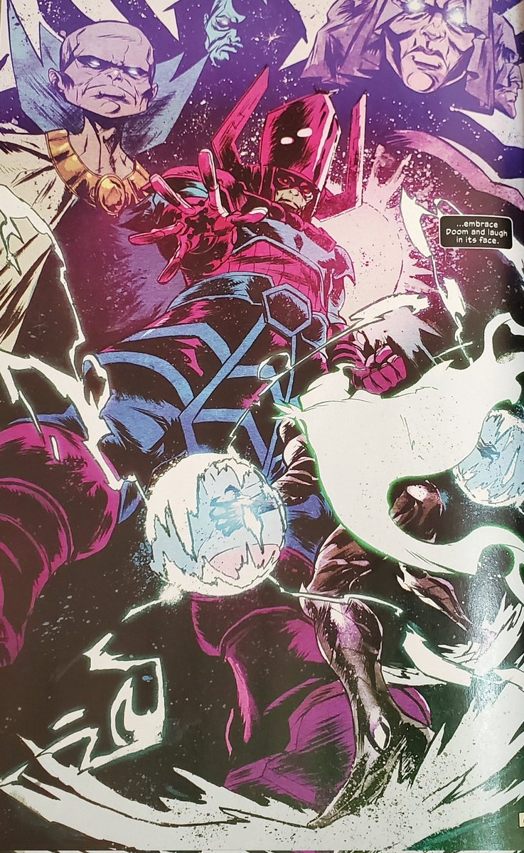 Hickman and Sanford Greene made one Hel of a final Doom/Galactus story. Galactus tires of waiting for the end of this cosmos and goes on a rampage destroying every world there is. Valeria saves Uncle Doom to stop him. She sacrifices herself and we don't know who actually wins!