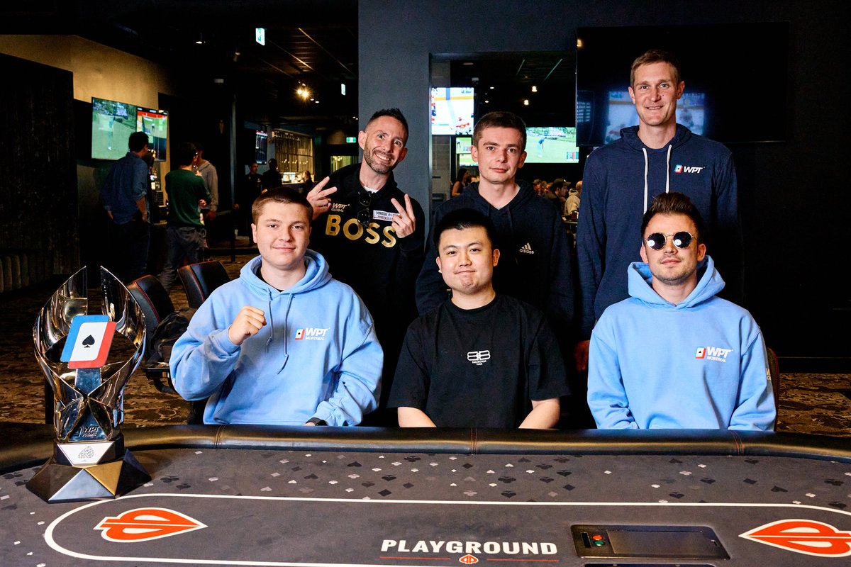 WPTPrime's tweet photo. The $1,150 CAD @WPTPrime Montreal Championship Final Table is set @PlaygroundPoker! 🇨🇦♠️

Dan Stavila leads the Final 6 with @WPT Ambassador @TheBradOwen just behind him!  

Action continues on Tuesday, May 21st at 4pm with a livestreamed and televised Final Table, where we'll play down to our next @WPTPrime Champion taking home just under $140,000 including a seat to the @WPT World Championship @WynnLasVegas this December!

Chip Counts: 
Steven Marin - 2,000,000 (16 bb)
Marc Lavergne - 3,750,000 (30 bb)
Jikai Zhang - 10,525,000 (84 bb)
Dan Stavila - 15,150,000 (121 bb)
Adam Cader  - 7,000,000 (56 bb)
Brad Owen - 13,050,000 (104 bb)

Payouts:
1st:  CAD $191,300*  (~US $139,840)
2nd:  CAD $119,300  (~US $87,208)
3rd:  CAD $88,000  (~US $64,328)
4th:  CAD $66,000  (~US $48,246)
5th:  CAD $50,000  (~US $36,550)
6th:  CAD $38,000  (~US $27,778)

End of Day 3: https://t.co/rjFPvQ3cAI