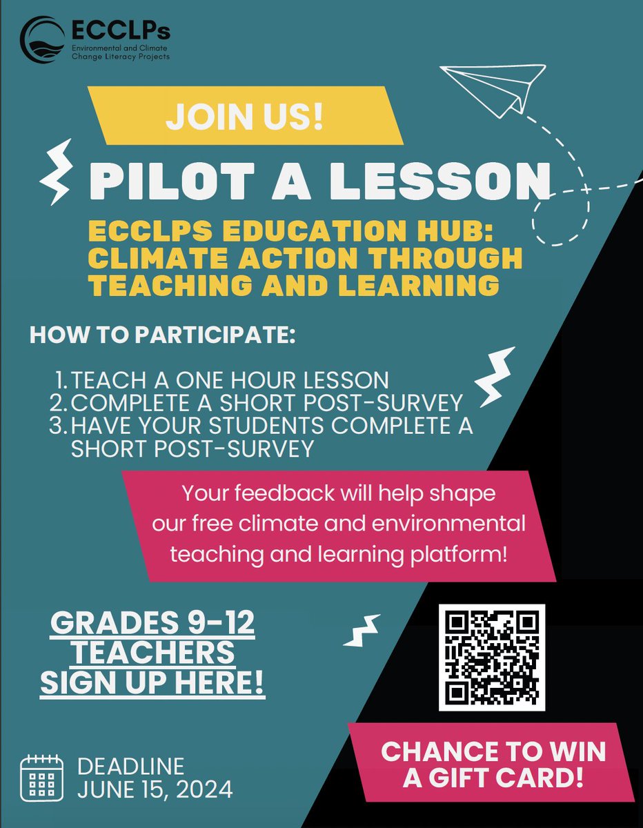 🌿 Calling all educators! 🌿 We're excited to introduce an opportunity for grades 9-12 teachers to pilot one of our free lessons that will be featured in our new teaching and learning platform! The deadline is June 15th! 🌍💚 bit.ly/ECCLPSpilot