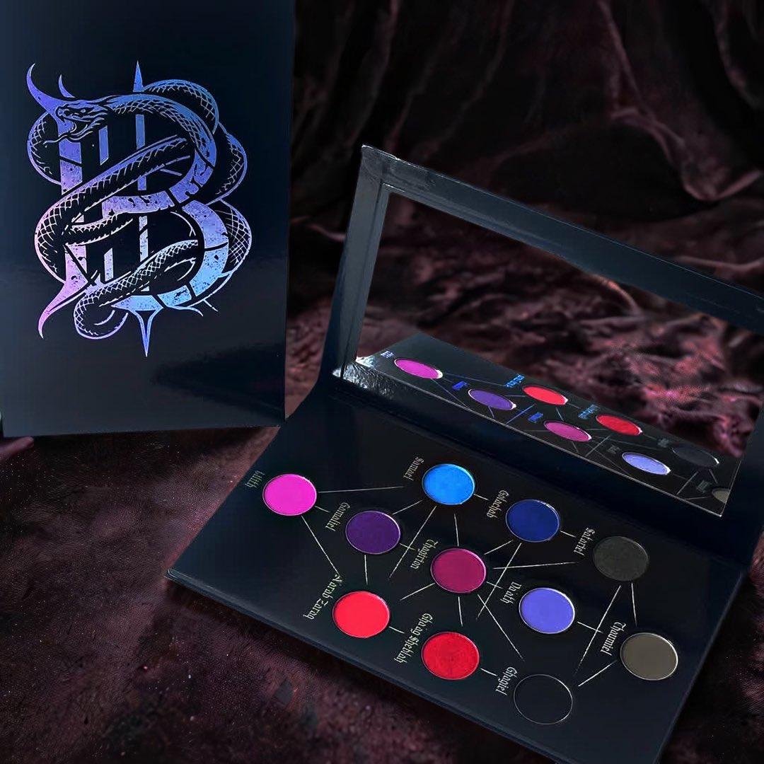 The frontman Kristof Bathory of Dawn of Ashes new makeup brand Bathory Cosmetics first eyeshadow palette: Tree of Daath (Qliphoth). Each color represents the 11 daemons from the the inverted tree. Vegan and cruelty free. lovelacecosmetics.com/products/qhilp…