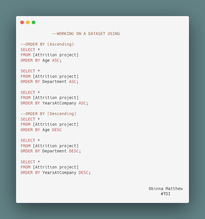 As a beginner in SQL, I started by learning the SELECT statement and clauses like WHERE, ORDER BY, and GROUP BY. I use functions like COUNT(), SUM(), AVG(), and MAX() for aggregate calculations. @TDataInitiative  @DabereNnamani   @Ayotimah23  @SQLServer #TDI #SQL #DataAnalytics