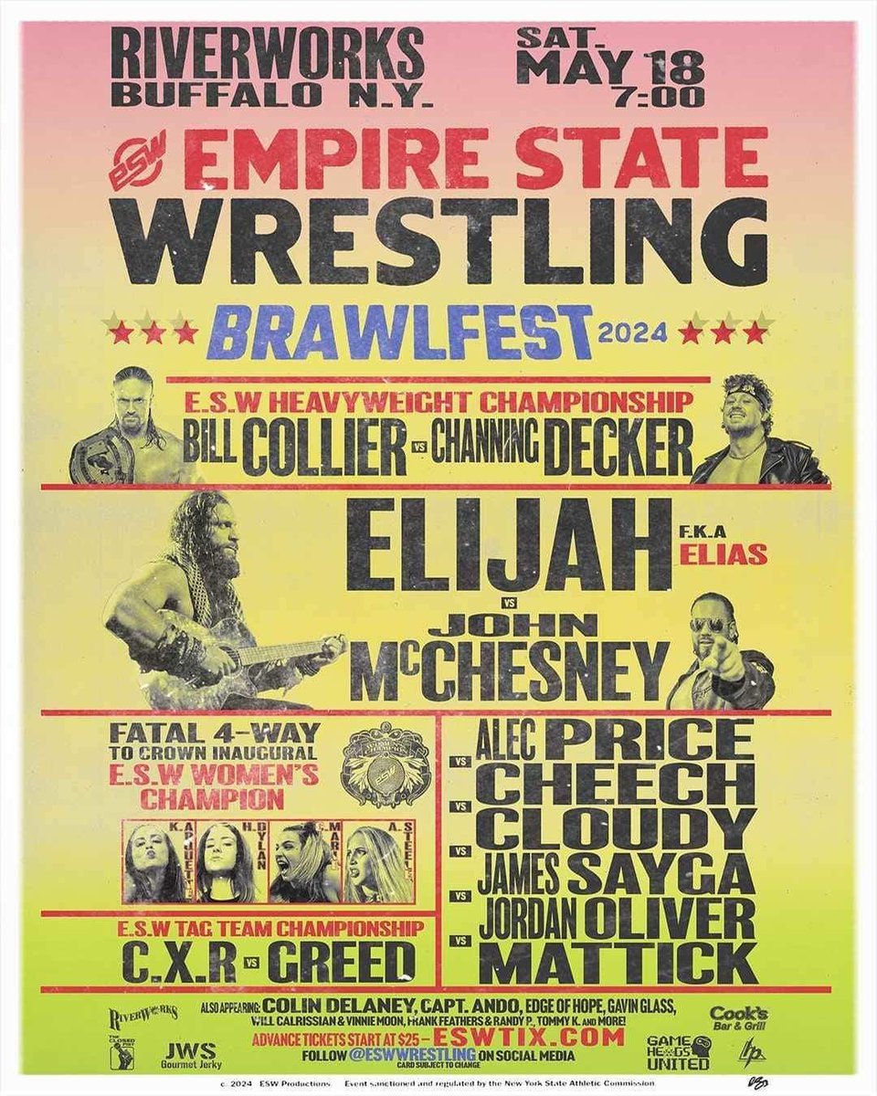 Tomorrow night is @ESWWrestling Brawlfest at @RiverWorksBFLO at 7pm feat. @_Iam_Elijah_ @Channing_Decker @TheJordanOIiver @ThePrizeCityOG @BigBillCollier @BigLeagueJMcC @ExtremelyCute @TheKtArquette @CourageousCM @haleydylan_ @_AdenaSteele @CXR_21 @NewWaveCheech @favorite4cast