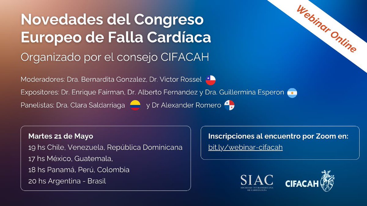 🚨Atención! Todas las novedades del Congreso Europeo en Insuficiencia Cardíaca 2024!🫀 Webinar IMPERDIBLE! 🙋🏻‍♀️ Martes 21 de Mayo! 🗓️ Organizado por @cifacah Inscripciones en el link: us02web.zoom.us/webinar/regist… #insuficienciacardiaca #Cardiologia #webinar #CardioEd #CardioX