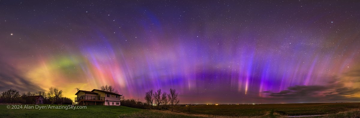 A panorama from abut 2:15 am MDT May 11, after the main substorms had died down, with the north filled with dim vertical rays that were very blue and magenta to the camera (colorless to the eye). A very odd aurora unlike any I've seen before. @TweetAurora @UofCAurora