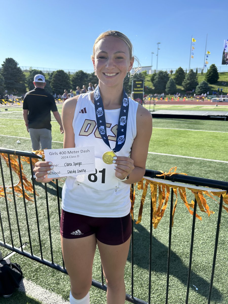 2024 State Champion 🚨 Class D Girls 400m Dash: Clara Spargo, Dundy County Stratton Breaks the 1994 Class D state record and also the state meet record! #nebpreps