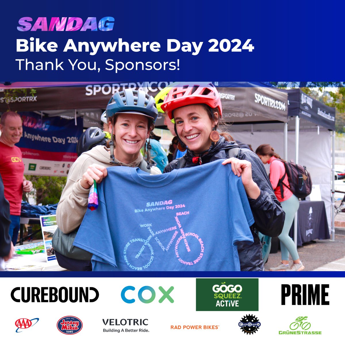 Thank you for joining us on #SANDAG Bike Anywhere Day 2024! 🙌 Without our sponsors, we would not have been able to provide such great snacks, refreshments, giveaways, and sweepstakes prizes! 🚴💨#BikeAnywhereSD