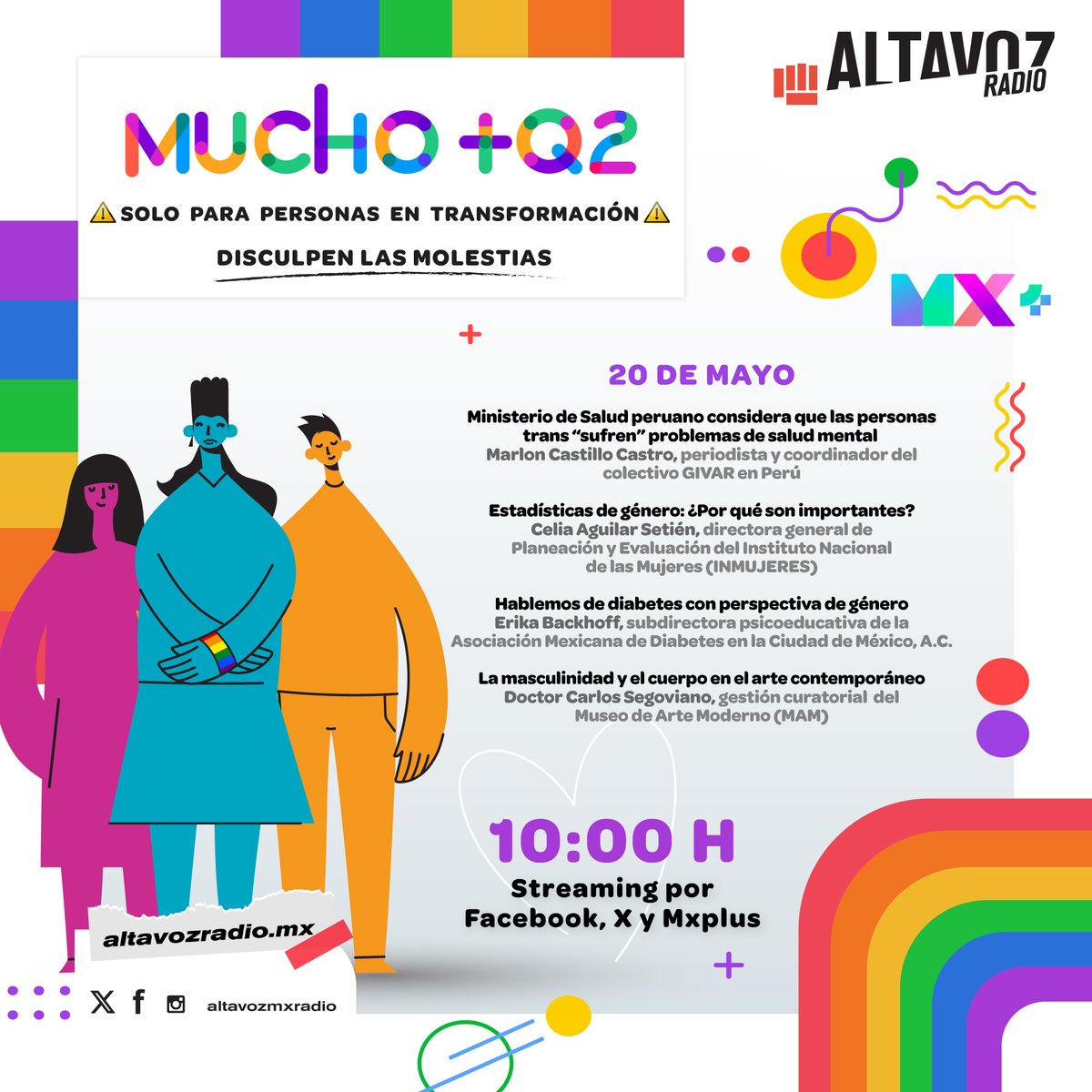 Este lunes en #MuchoMásQ2: ➕Estadísticas de género: ¿por qué son importantes? ➕Hablemos de diabetes con perspectiva de género ➕La masculinidad y el cuerpo en el arte contemporáneo 🗓️20/05⏰10:00H en📻@altavozmxradio sus💻redes sociales y 📲@MxPlusTV #UnidosPorLasAudiencias