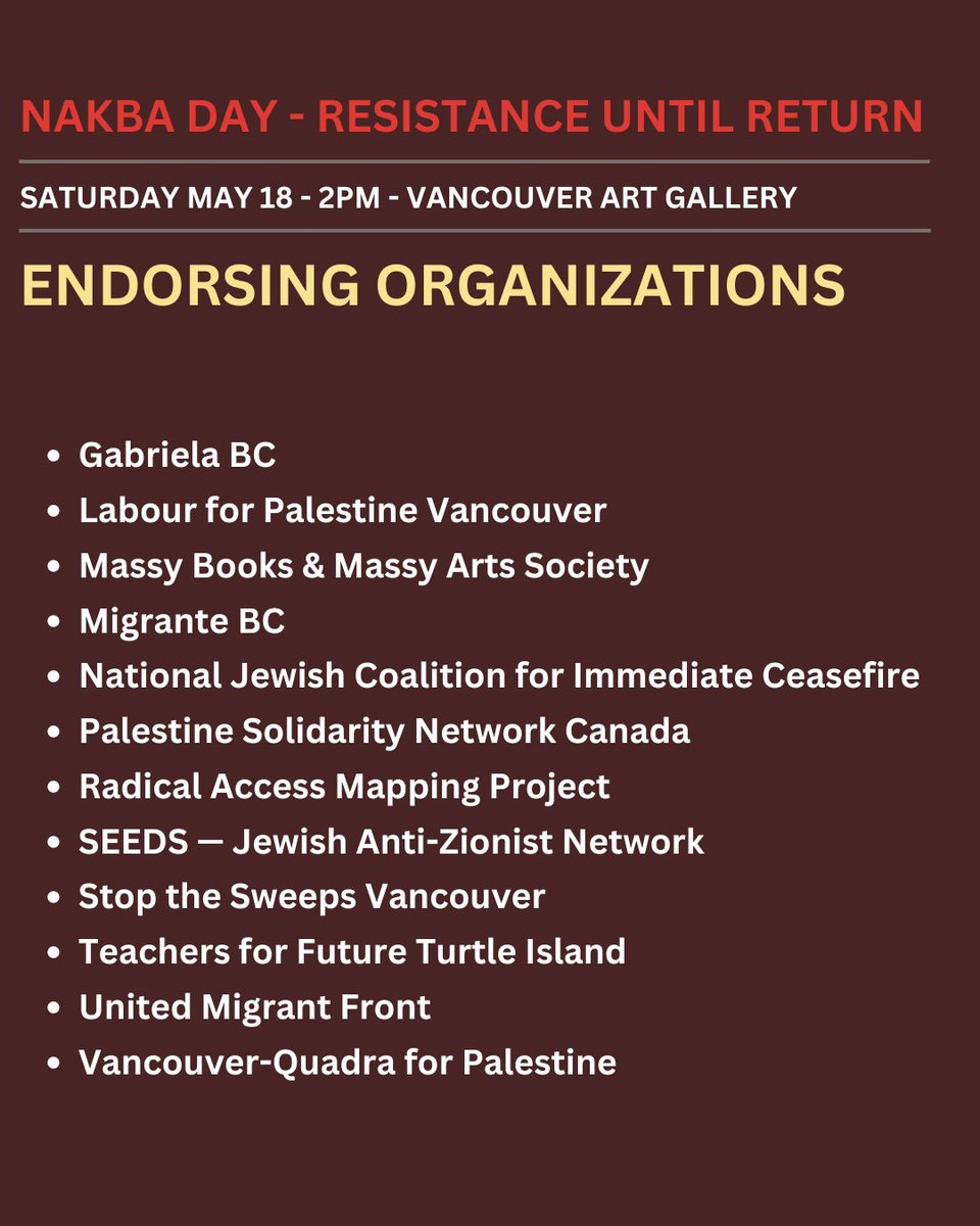 TOMORROW in Vancouver! 2 pm, Vancouver Art Gallery. All out for the mass region-wide protest for Palestine, commemorating 76 years of al-Nakba, resisting the genocide, and insisting on resistance until return and liberation!