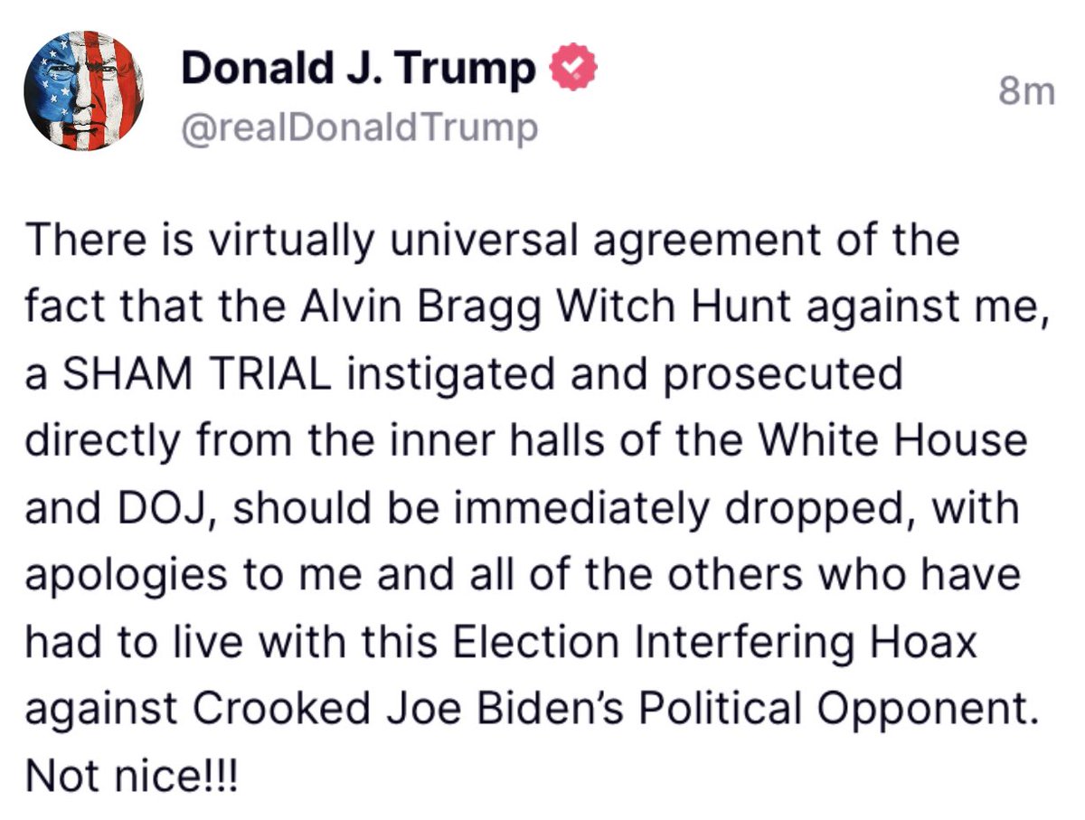 Drop the case! End the witch hunt! Everyone agrees, this is a SHAM TRIAL and goes against everything our constitution stands for!