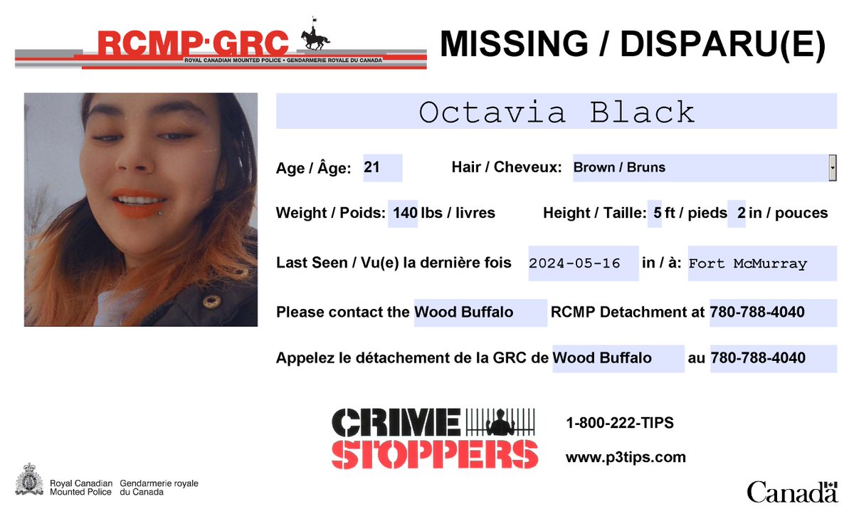 #Missing: Octavia Black, 21, #FortMcMurray, #WoodBuffalo.