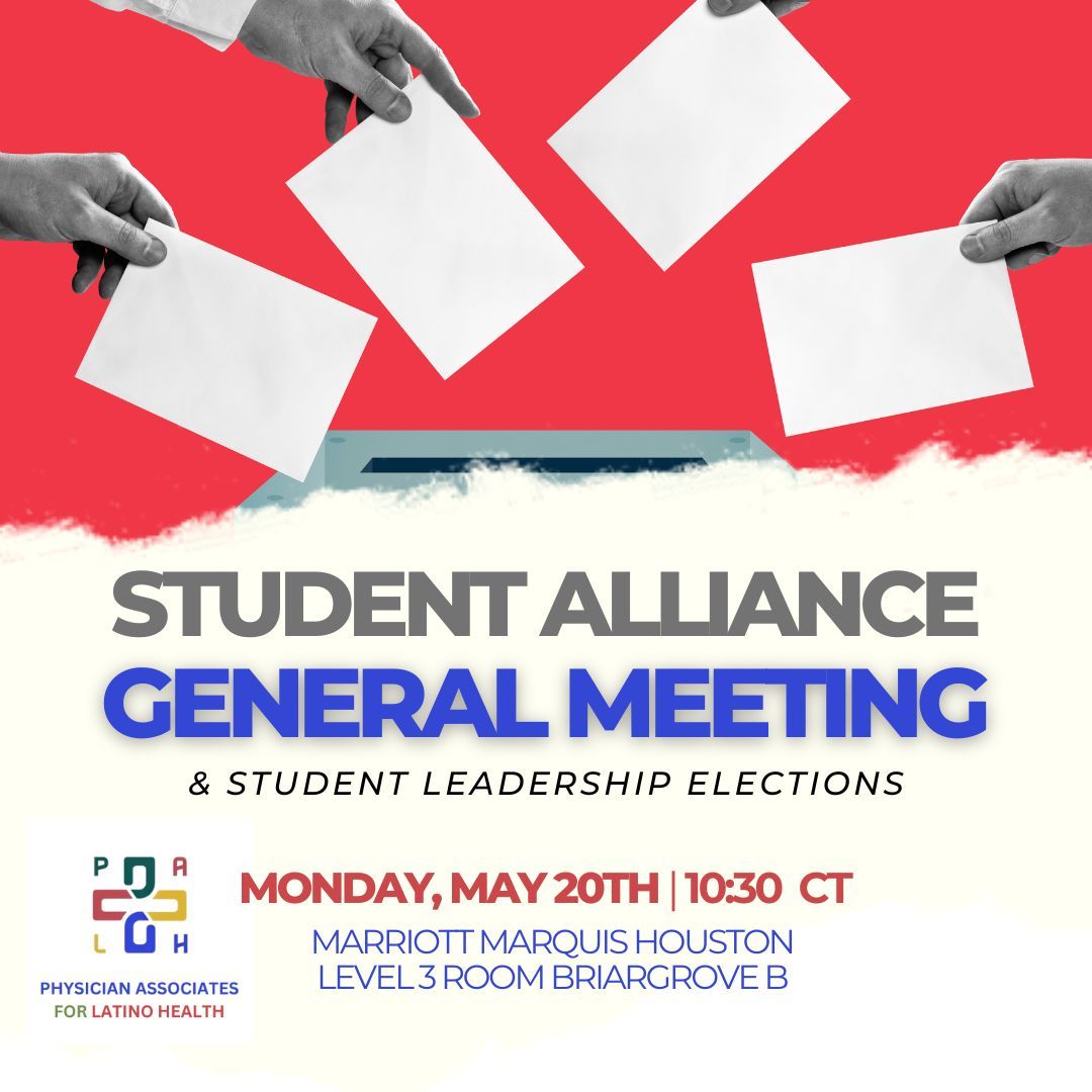 PA and Pre-PA Students come join us this Monday for our Student Alliance Meeting! Elections will be held at this time. We look forward to seeing you in person at the AAPA Conference!

#AAPA #AAPA2024 #YourPAcan #PAsPracticeMedicine #asociadomedico #PAstudent