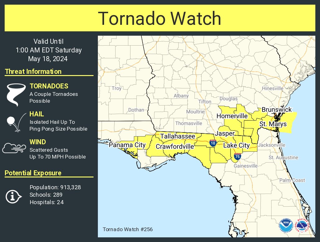 NWSTallahassee's tweet image. A tornado watch has been issued for parts of Florida and Georgia until 1 AM EDT
