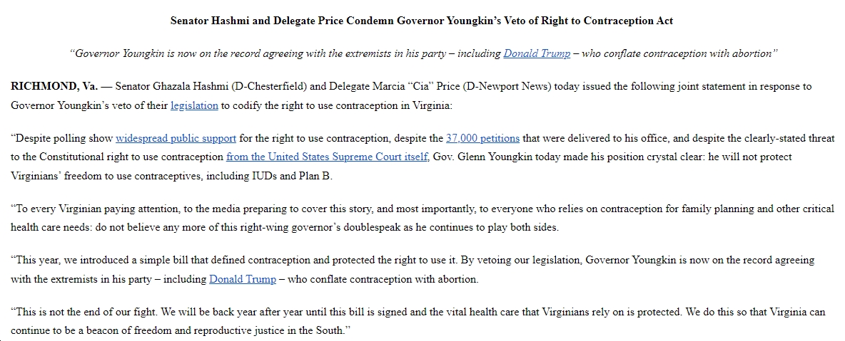 VA @SenatorHashmi and @DelCiaPrice85 Condemn Governor Youngkin’s Veto of Right to Contraception Act  bluevirginia.us/2024/05/senato…