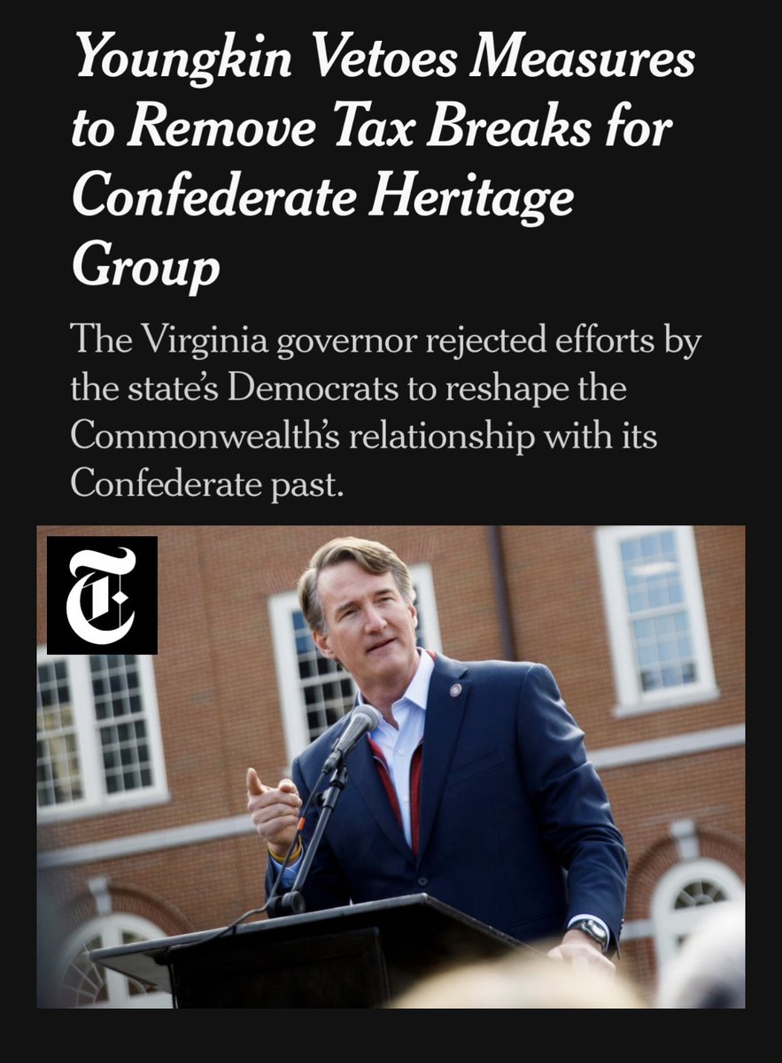 If this is okay with you — you might be a racist! NEW: Gov. Glenn Youngkin of Virginia vetoed on Friday two bills that would have revoked tax exemptions for the United Daughters of the Confederacy. 🧵